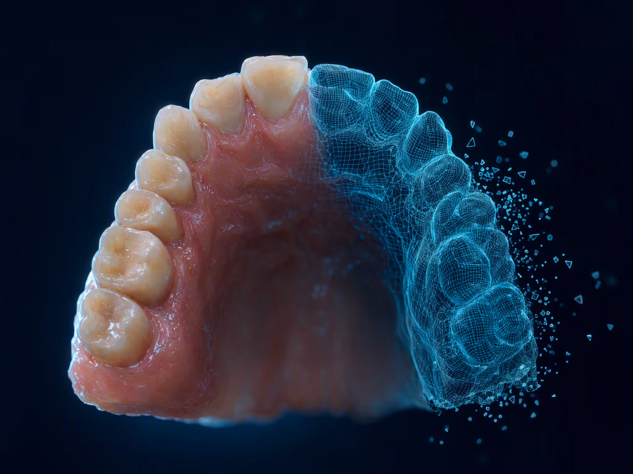 Modelo digital de uma arcada, metade em textura real e metade em malha tridimensional